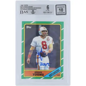 Steve Young Tampa Bay Buccaneers Autographed 1986 Topps #374 Beckett Fanatics Witnessed Authenticated 6/10 Rookie Card with "HOF 2005" Inscription - Fanatics Authentic Certified
