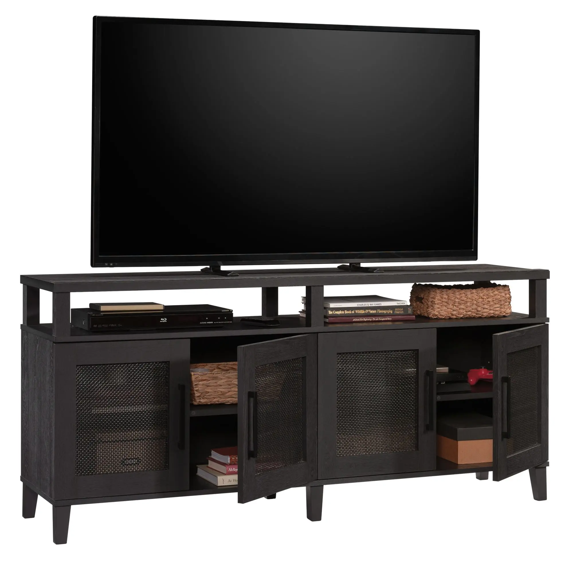 Sauder Tiffin Line 4-Door Credenza TV Console Cabinet, Door-Opening Multimedia Centre for 65" TV with Adjustable Shelves & Hidden Mesh-Panelled Compartments, Door-Opening Tv Stands & Multimedia Centres