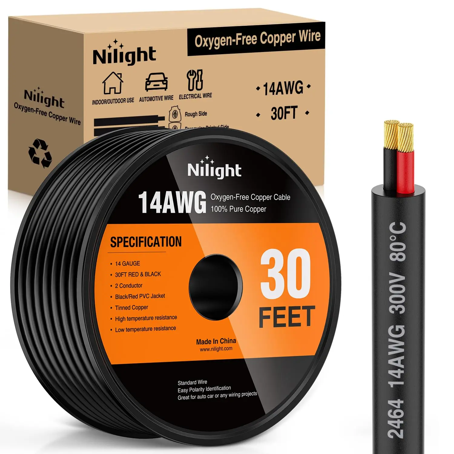 Nilight 30FT 14AWG Oxygen-Free Copper Electrical Wire - Red & Black Stranded PVC 2-Conductor Parallel 300V DC Flexible Cable for Home, Automotive LED Car Lights Wiring