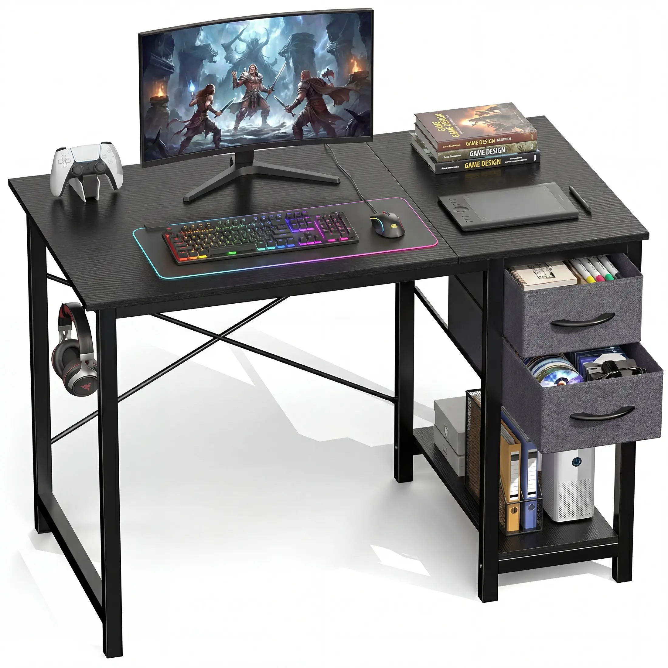 Computer Desk with Drawers 40 Inch 47 Inch, Home Office Desk with Storage, Study Writing Desk with Hooks, Modern Wood Desk for Bedroom Small Space