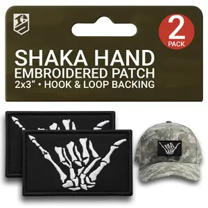 Shaka Hand Patch Set – 2Pcs Black Embroidered Skeleton Tactical Patches (2x3 Inches)