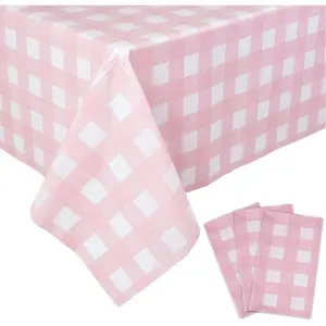 3 Packs Pink Gingham Tablecloth Pink and White Checkered Tablecloths 54 x 108 Inches Disposable Plastic Gingham Tablecovers Waterproof Rectangle Picnic Table Covers for Birthday Party Supplies