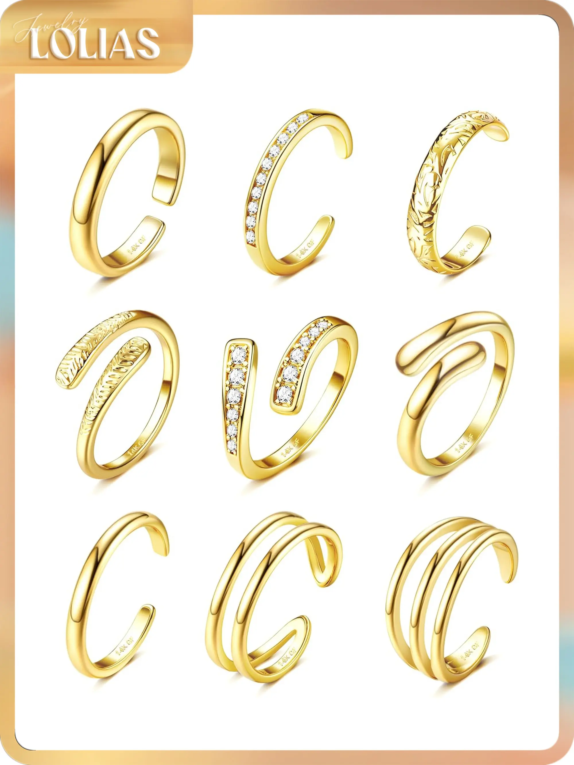 LOLIAS Women's Adjustable Open Band Toe Rings, 14 Karat Gold Filled-Silver Plated, Simple Hug CZ Triple Design, Antitarnish Plated Costume Jewelry for Summer Beach Use, Antitarnish Plated Rings