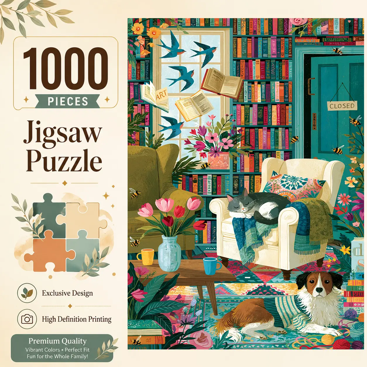 Cozy Library with Cat and Dog 1000 Pieces Jigsaw Puzzle for Adults, Challenging Family Game for Stress Relief Relaxation and Brain Exercise, Colorful Book Lover Wall Decor Gift for Pet Lovers and Seniors, 19.7×29.5 inches（50×75cm）