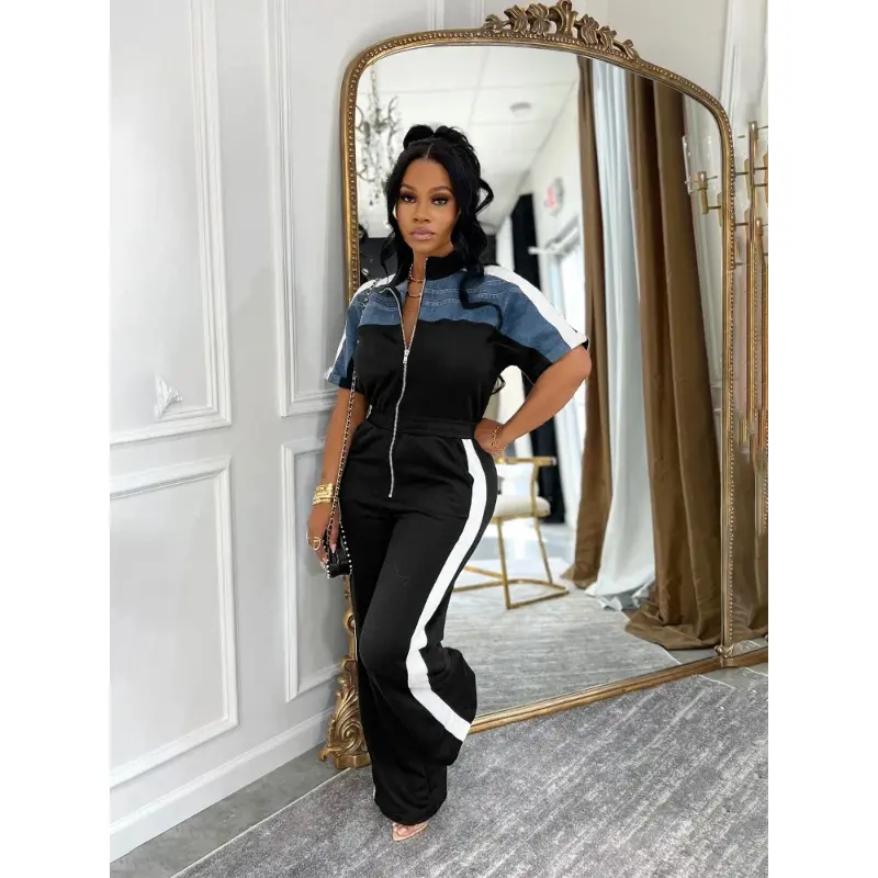 Two-Piece Set Women's Zipper Short Sleeve Wide Leg Jumpsuits Summer Denim Patchwork Street Holiday OL Night Party One Piece Suit Romper Overalls Womenswear Green Check Fitted Casual Light Sleeveless Chic Essential Formal Streetwear