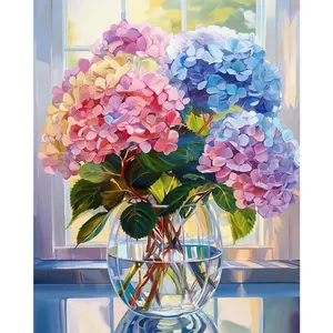 1pc 2D flat Pre-printed texture Colored canvas,Paint by Numbers Kit for Adults Beginners and Kids,Canvas Pictures Drawing Paintwork with 3 Pcs Paintbrushes, Colorful Flowers in Vase, Art Set