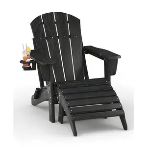Folding Adirondack Chair Set of 2 with Ottoman, All-Weather HDPE Outdoor Chair, Wooden Textured with Cup Holder for patios, Decks, Gardens, fire pits, Black