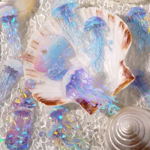 120 Pcs Holographic Glitter Jellyfish Ocean Life Stickers Transparent Sea Marine Animal Stickers for Junk Journal Scrapbooking Supplies