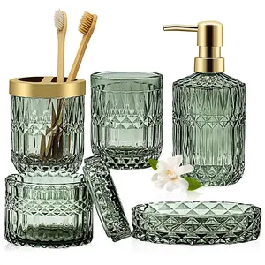 Vintage 5-Piece Hand-Cut Green Glass Bathroom Accessories Set - Bathroom Counter Organizer with Lotion Bottle, Soap Dispenser, Soap Dish, Toothbrush Holder, Tumbler, Cotton Swab Jar, Ideal Gift for Home Supplies