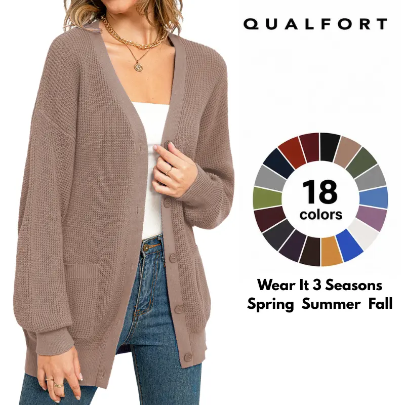 QUALFORT Women's 100% Cotton Cardigan Sweater - Soft, Breathable Long-Sleeve V-Neck Button-Front Knitwear with Pockets, Women's Tops for Casual Layering, Spring, Fall Outfits