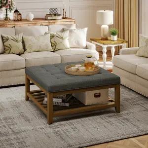 【Summervibes】32''Large Square Ottoman Coffee Table, Linen Solid Upholstered Footrest Ottoman with Solid Wood Shelf Storage Tufted Coffee Table for Bedroom Living Room