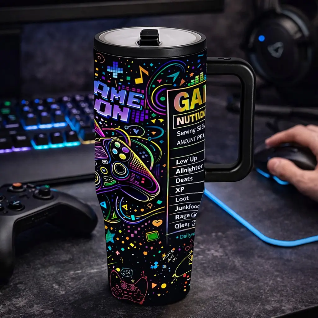 AuraCup 40oz Insulated Tumbler with Handle and Lid, Cold Beverage Tumbler, Neon Gaming Controller Design Stainless Steel Travel Mug, Vacuum Tumbler for Hot Cold Drinks, Large Capacity Cup for Gamers