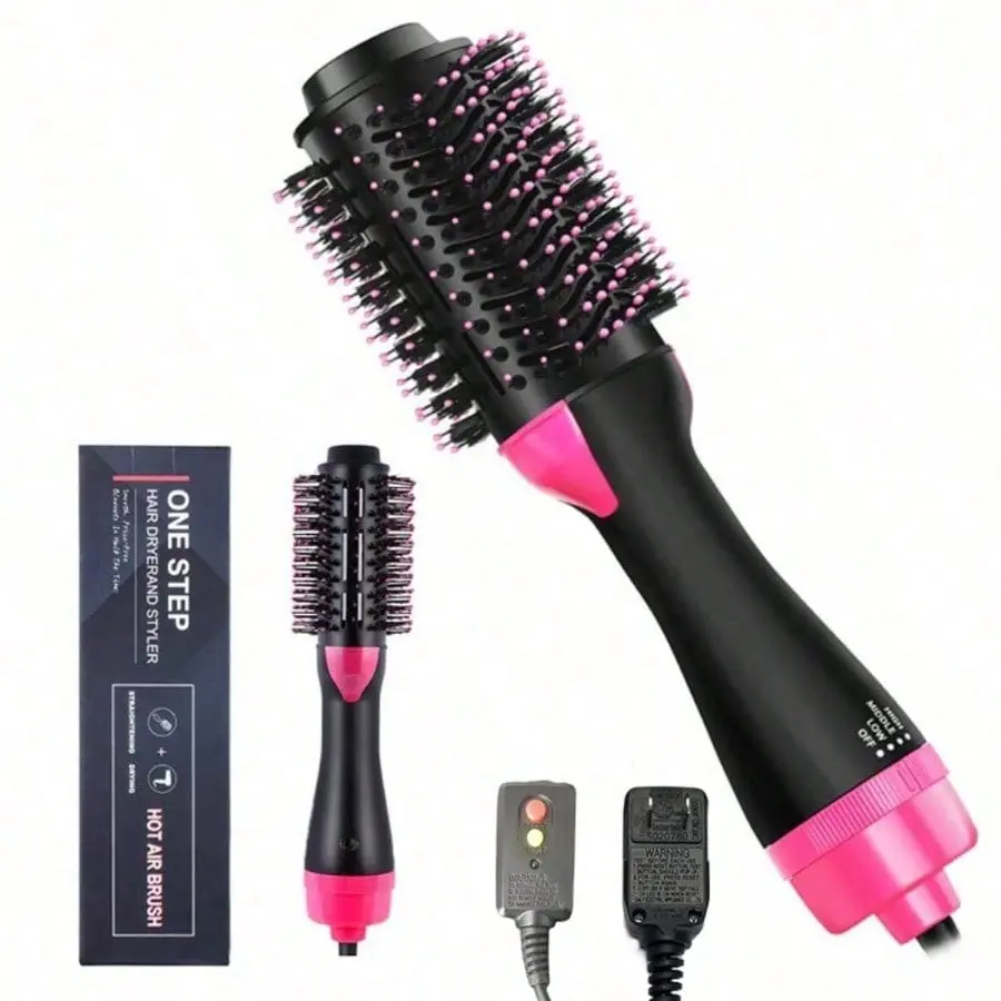1 Pack 4-in-1 Multifunctional Hot Air Styling Comb - 1-Step Volumizing Hair Dryer Styler for Curling, Straightening, Fluffy Hairstyles, Reduces Frizz, Minimizes Heat Damage for Glossy Salon Blowouts, Black & Pink Options