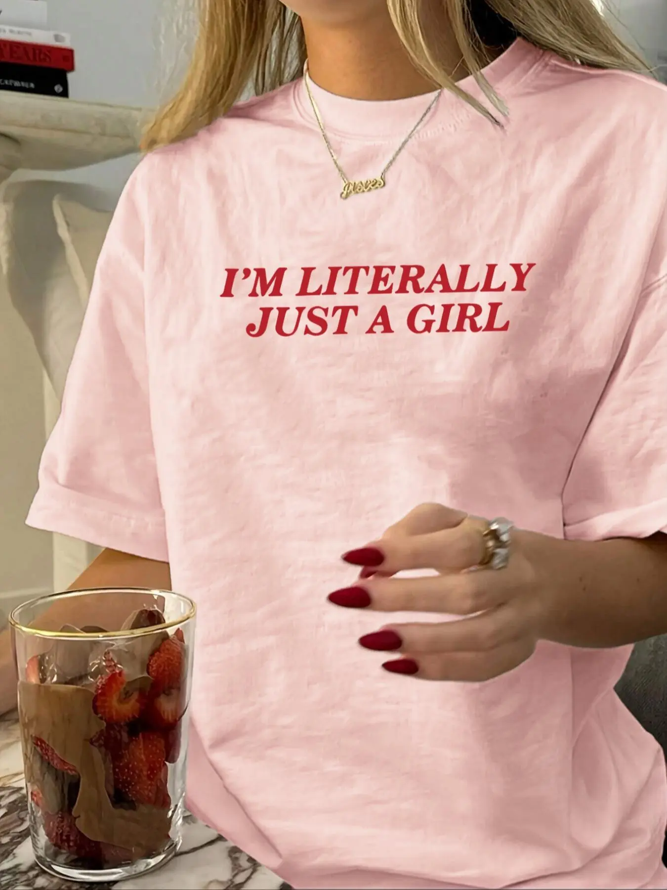 Women's "I'm Literally Just A Girl" Letter Print Statement Round Neck Tee, Casual Short Sleeve Crew Neck T-shirt for Summer, Fashion Women's Top for Daily Wear