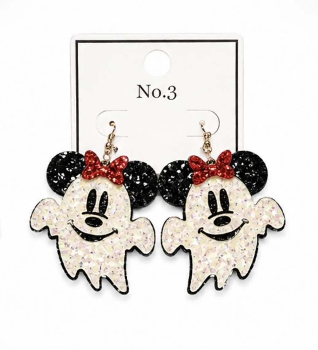 Glitter Ghost Bow Earrings for Women - Sparkly Halloween Dangle Statement Earrings with Red Bow & Black Glitter Accents - Festive Fall Jewelry