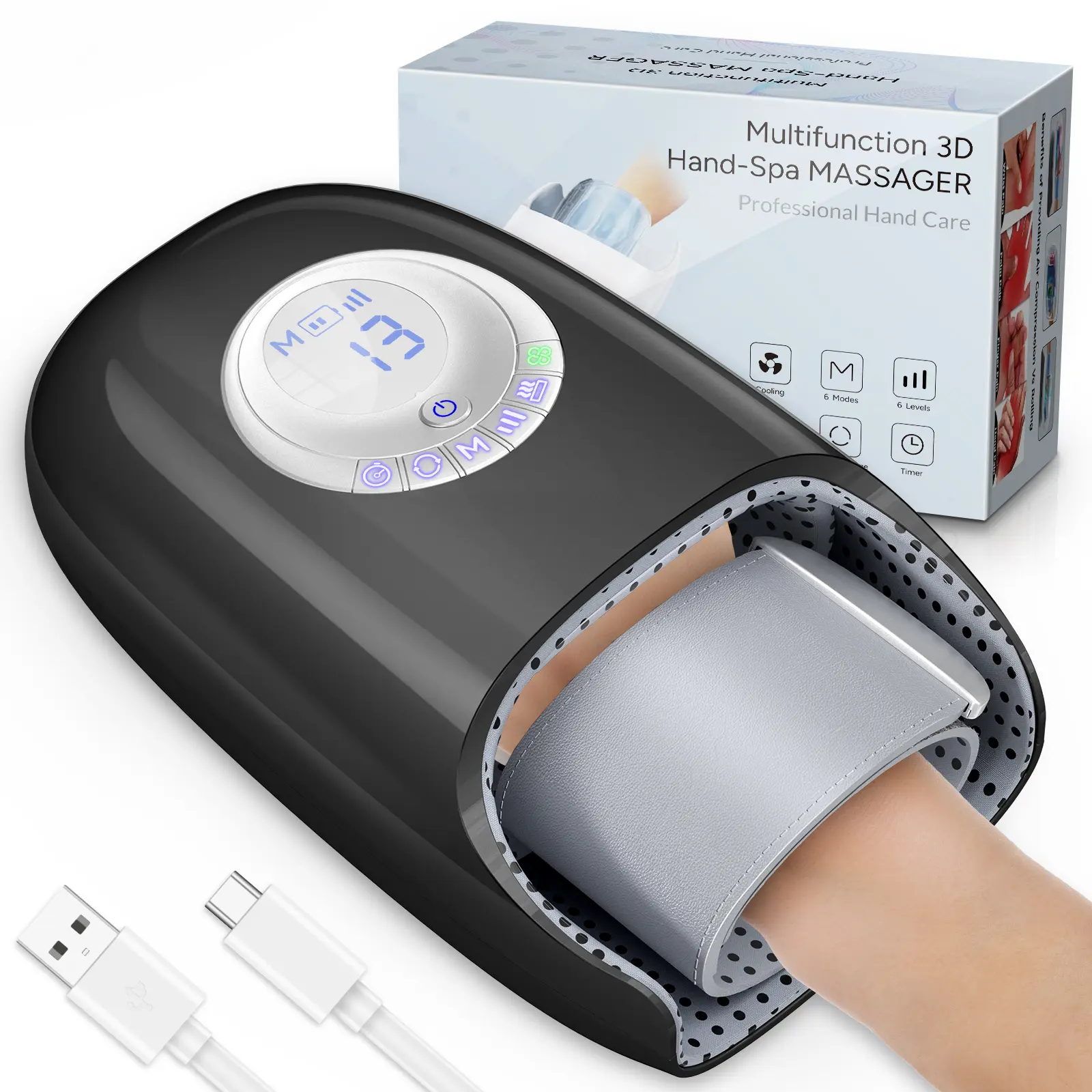 Adjustable Cordless Hand Massager with Heat, Compression, 6-Level Acupoint Pressure, 3D Kneading & Blowing Mode, Soft Pads, Cooling, Timer, USB Rechargeable Relaxing Arthritis Aid for Wrist/Palm, Mom's Gift, USB Port, Personal Care Massage Device, Usb Rec