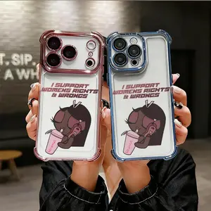Feminist Slogan Cartoon Character Silicone Softshell Phone Casing, Airbag Anti-Drop Shockproof Smartphone Accessory for iPhone 17-17 Pro-16 Pro-15 Pro Max-14 Plus-13 Pro-12-11 Series, Handheld Cellphone Protective Cover