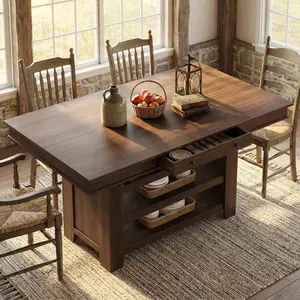 Counter Height Dining Table with 2 Drawers, 36" Farmhouse Wooden Large Bar Kitchen Table with Wine Rack & 3 Shelves, Rectangular, Thick Frame for Kitchen, Bar & Entertaining, Retro Brown
