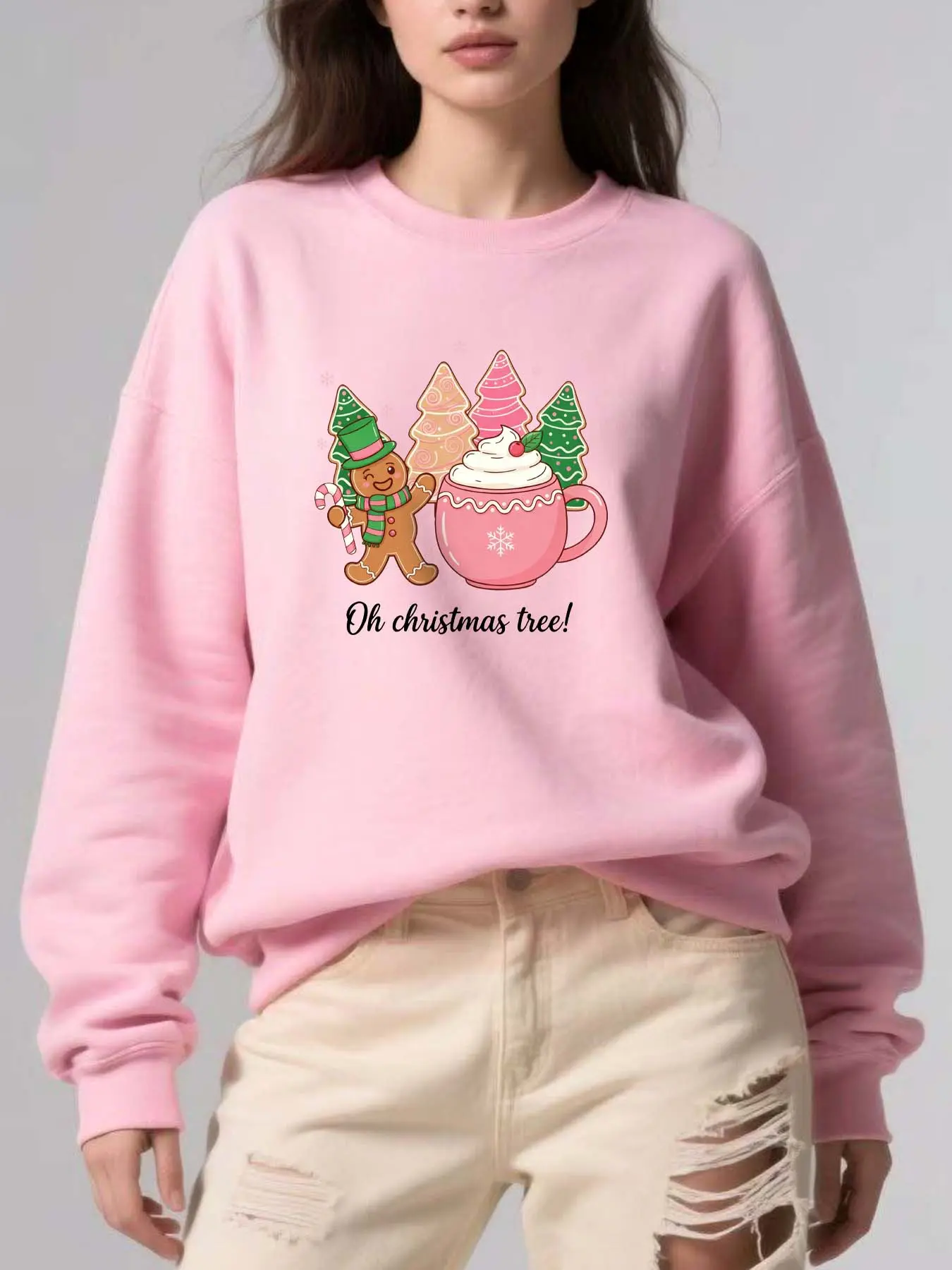 Women's Christmas Tree Gingerbread Letter Print Sweater, Fall & Winter Casual Loose Fit Round Neck Pullover, Holiday Streetwear
