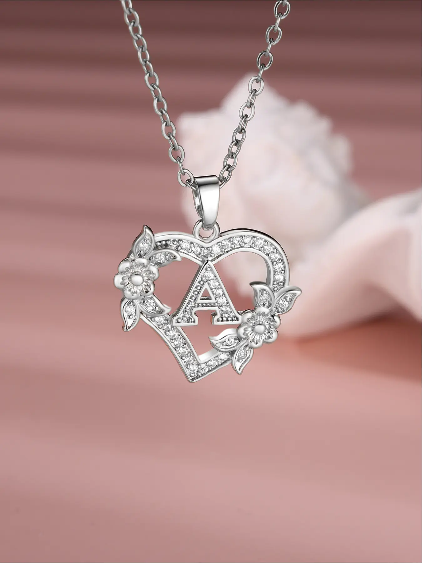 Mother's Day Gift Heart shaped necklace rose flower design initial letter necklace for women & girls elegant necklace stackable chain necklace hearts pendant necklace birthday and anniversary gift for her Jewelry Present Alphabet Necklaces