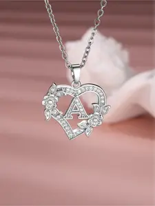 Heart necklace rose flower design initial letter necklace for women & girls stackable chain necklace Elegant rhinestone decorated jewelry necklace birthday and anniversary gift for her Love Heart Necklace