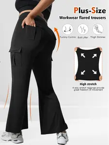 Women's Plus Size Fashion Fit Solid Color Workwear Pocket High Waist Flare Leg Pants, Comfortable Casual Wear, All-Season Commuter Multi-Functional Long Pants