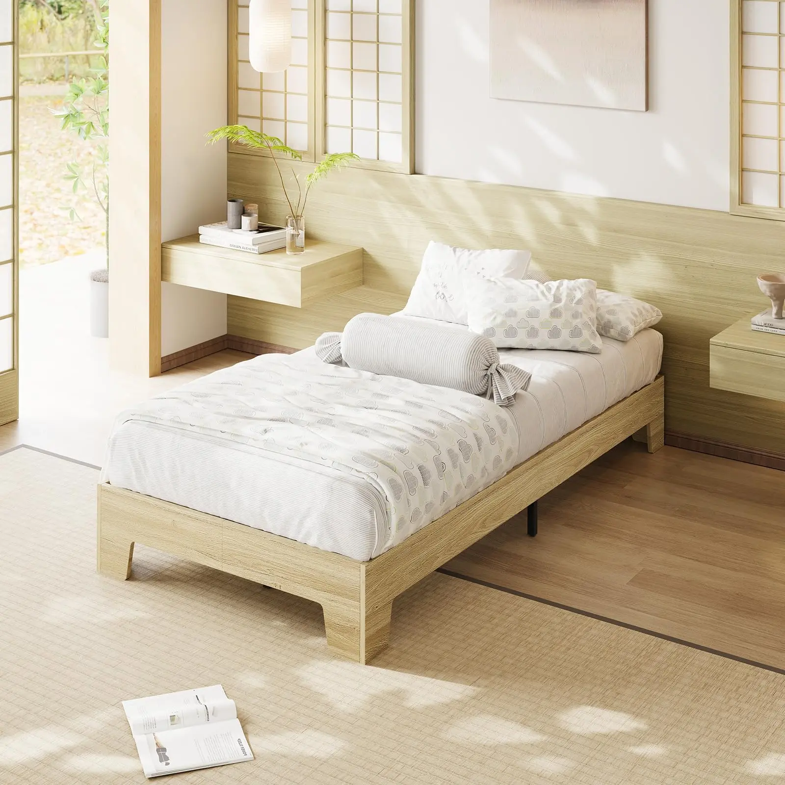 Garvee 10 Inch Twin Size Wood Platform Bed with Wooden Slats, Nature Finish, No Box Spring Needed, Easy Assembly, Minimalist Design, Golden Sandalwood Bedroom Furniture