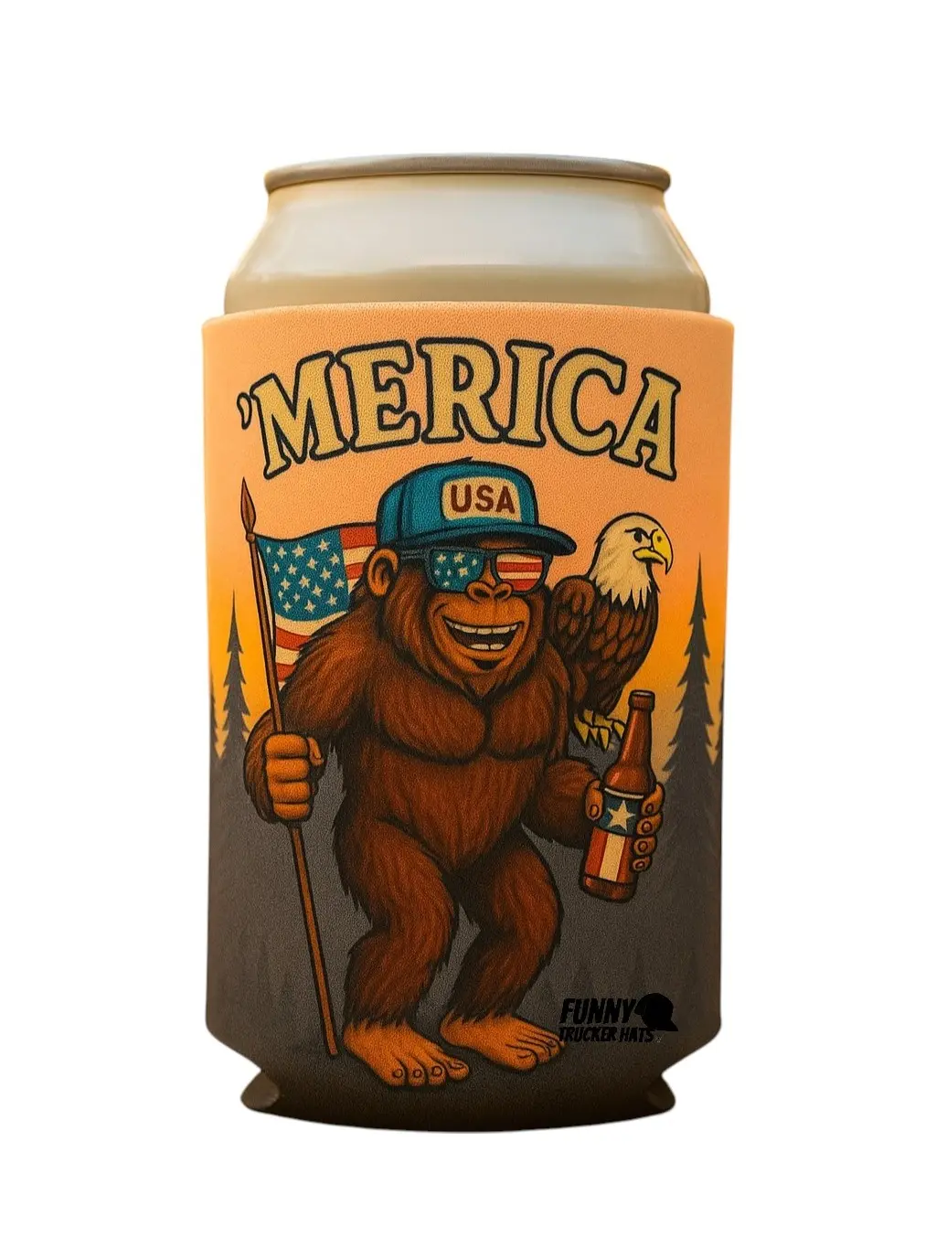 Funny Trucker Hats 'MERICA Bigfoot Beer Koozie - Funny Patriotic Can Cooler w/ Eagle & Flag | Keeps Drinks Cold | Perfect for BBQs, Tailgates, Pool Parties