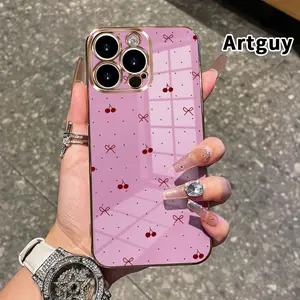 Mobile Phone Case for iPhone 16 15 14 Pro Max 13 12 11 XR XS Plus Bow and Cherry Luxury Golden Edge Electroplating TPU Camera Lens Protector Smartphone Cover