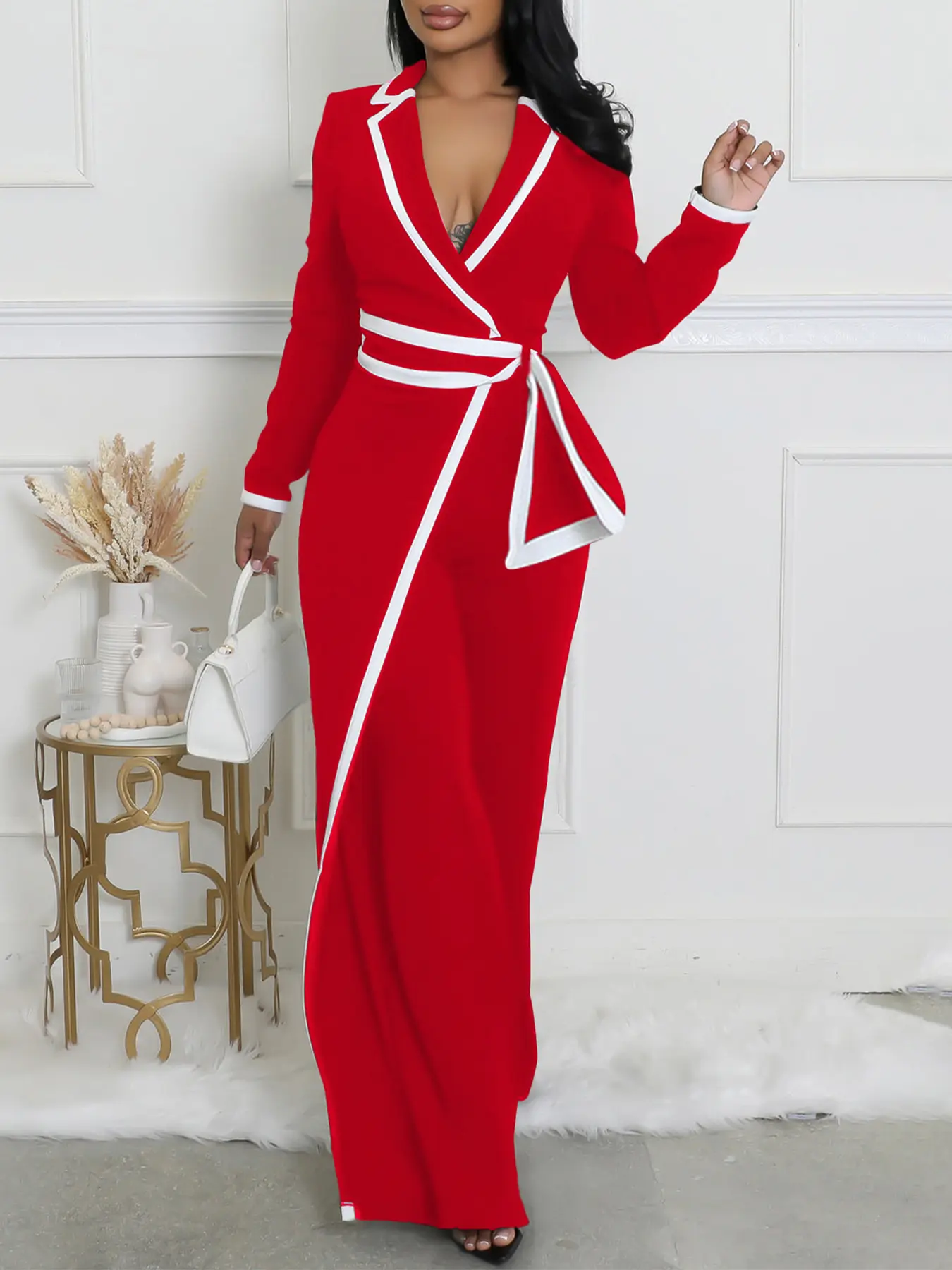 Women's Long Sleeve Collared Fitted Belted Jumpsuit Fall Outfit with Belt Design, Colorblock Patchwork Style, Chic Elegant Fall & Winter Fashion, M3249 Trendy Look, Womenswear, Lady