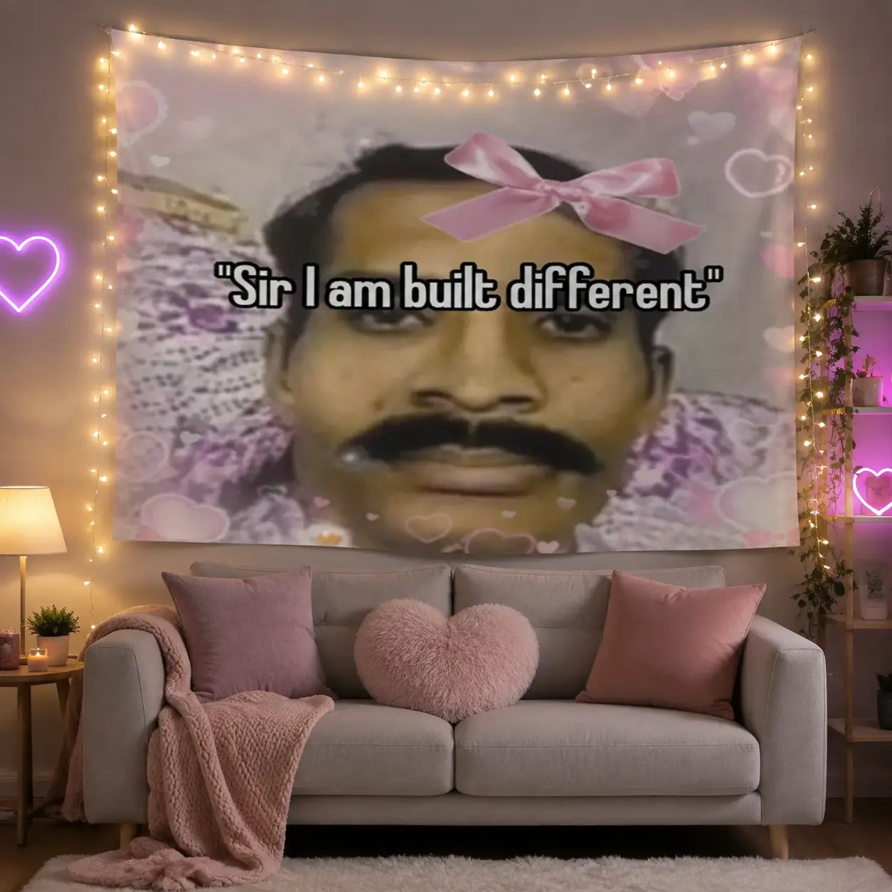 1pc Humorous Tapestry, Humorous Wall Art, Featuring "Bertram Superior Sir I Am Built Different", Designed with Horizontal Pink Heart And Bow Decor, Showcasing Bertram'S Image. Available in Multiple Sizes (No Electricity Required)