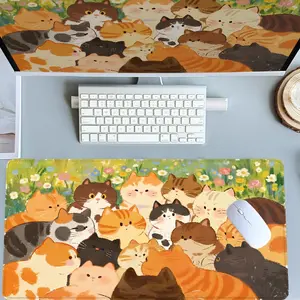 Flower Field Cat Group Mouse Pads Extra Large Computer Desk Top Mat Mouse Pad for Laptop Mouse Desk Pad Desk Mats with Non-Slip Rubber Base Stitched Edge for Home and Office Desk Accessories