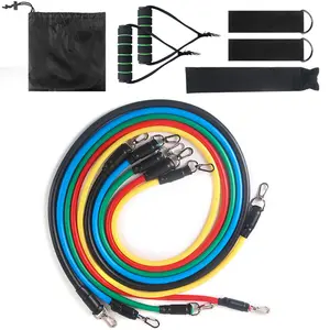 Elastic Rope Strength Training Set - 5 Elastic Bands, 2 Handles, 1 Anchor, 1 String, 2 Ankle Straps, Carrying Bag - Black/Blue/Red/Green