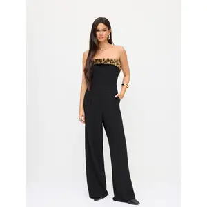 Cider Leopard Faux Fur Trim Wide Leg Bandeau Jumpsuit SwimWeek