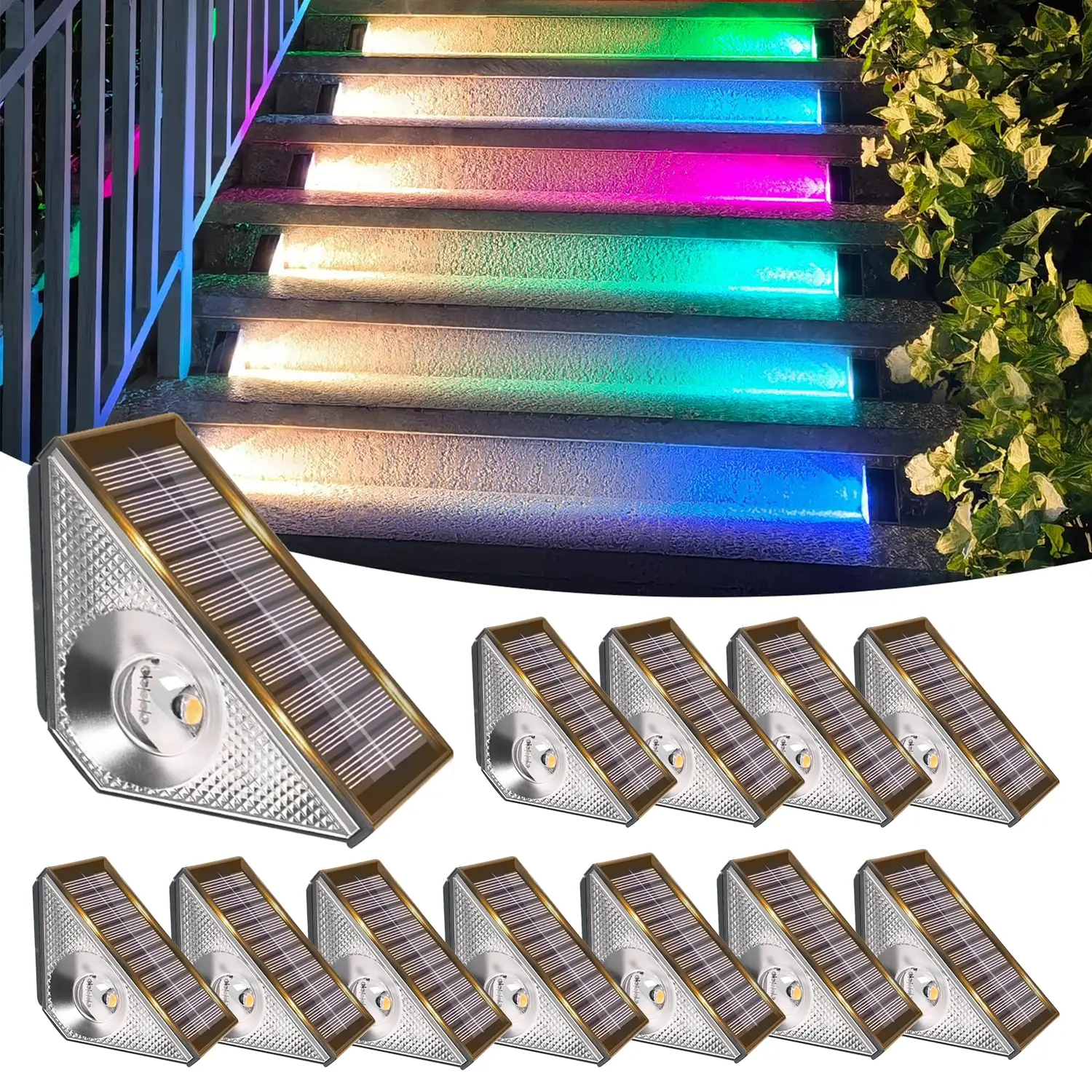 JNOEC Solar-Powered Outdoor Stair Lights, 80 Luminance 800mAh Batteries, IP65 Water Resistant LED Fixtures, 5-Hour Charge, 8H Illumination, Sticky Tape/Screws and Bolts Installation, 2/6/12-Pack, 1-Year Satisfaction Service for Garden Decks