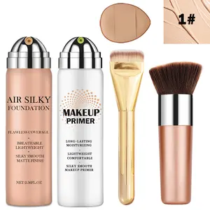 Air Silky Foundation & Makeup Primer Set with Brushes & Sponge, Flawless Matte Full Coverage Base Makeup Kit for Long Lasting, Lightweight Breathable Foundation for All Skin Types, 2# beige
