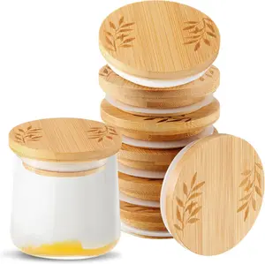 Yogurt Jar Lids 6 Pcs Set Compatible with Yogurt Jars Bamboo Wooden Lids Round Reusable Canning Covers with Silicone Sealing Rings