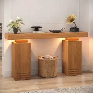 SIKAIC 63-Inch LED Walnut Brown Wooden Mid-Century Modern Furniture, Multi-Functional Console for Entryway, Sofa Side Use & Coffee Bar Station, Sofa Side Table, Modern Accent Table