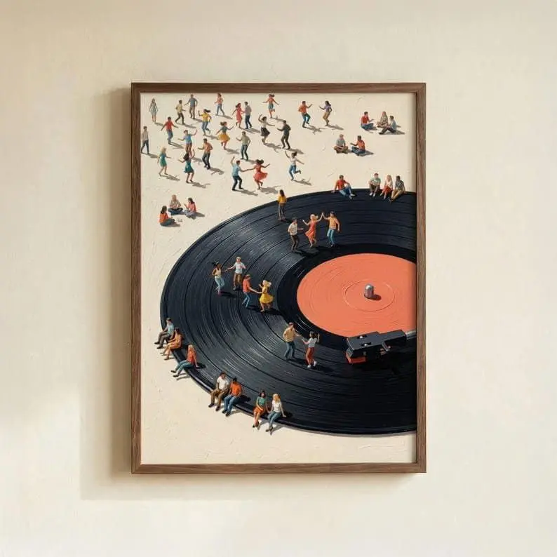 Retro Music Theme Single-Sheet Vinyl Record Player Photo Print - Dancing Figures Wall Decor, Eco-Friendly Home Accessory, High Color Fastness Long-Lasting Retro Dance Kid Room Decoration