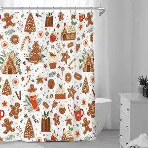 Christmas Themed Shower Curtain, 1 Count Waterproof Bathroom Curtain with 12pcs Hooks, Bathroom Accessories, Home Decor Supplies