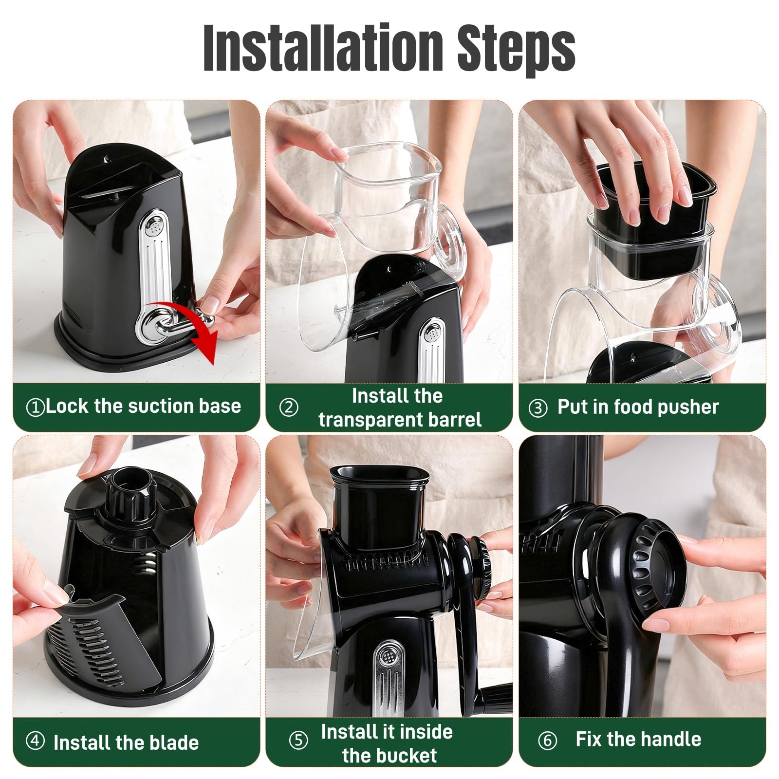 Rotary Cheese Grater with Handle 5 in 1 Vegetable Shredder with 5 Blades, Strong Suction Base, Round Mandoline Slicer & Blade Storage Box Kitchen Steel Stainless Utensils Curve Smooth