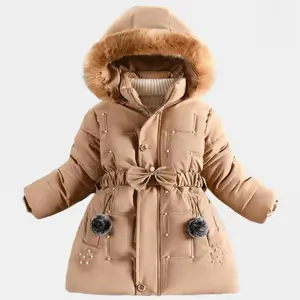 Children's clothing winter Korean version fashionable girls' cotton jacket, medium and large children's fur collar hooded, medium and long style with plush cotton clothing