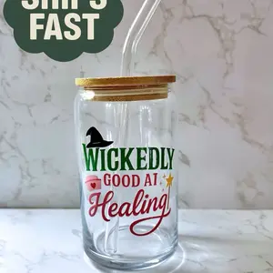 Wickedly Good At Healing, Iced Coffee Glass Cup, Nurse, Nursing Gift, Libbey glass cup