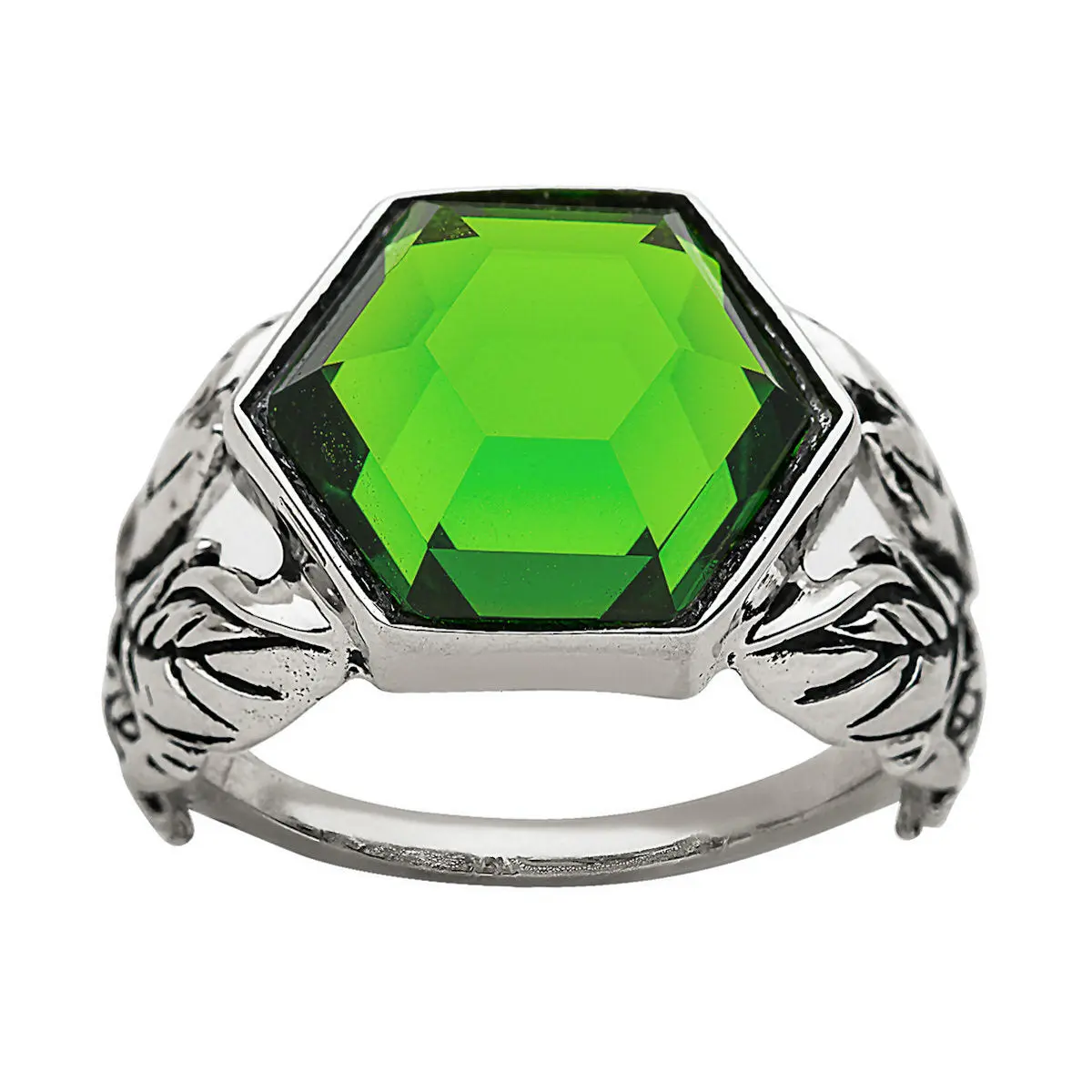 Unique Carved Ivy Vine Sterling Silver Ring, Ornate Cubic Zirconia Jewelry for Women with a Green Hexagon Crystal, Cubic Zirconia Rings, Unique Rings