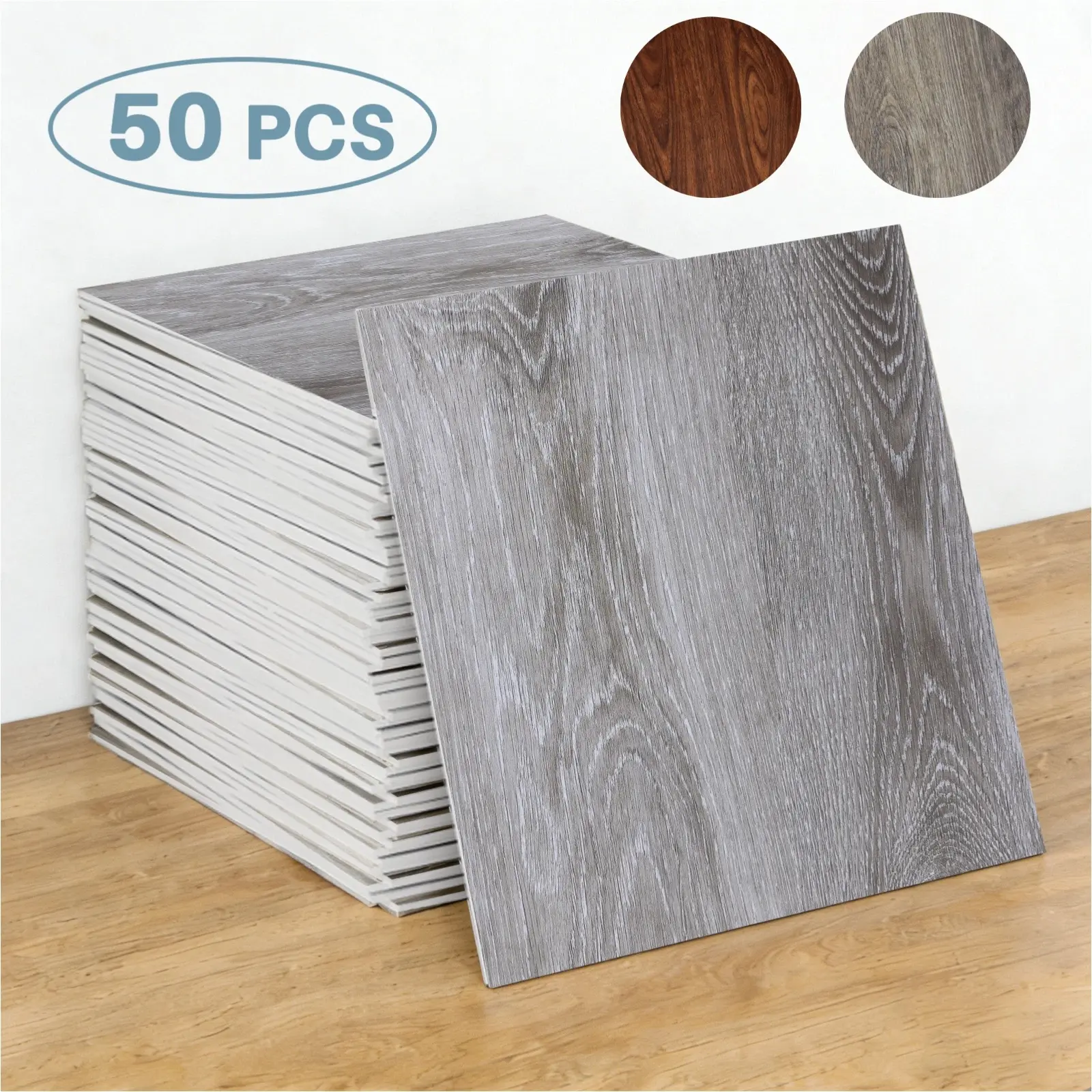 1.2 mm Thick Peel and Stick PVC Vinyl Floor Tiles (50PCS, 12x12 Inches, 50Sq.Ft), Realistic Wood Grain, Water Resistant, No Nails, Firm & Comfortable Thermal Performance, for Home Kitchens Bathrooms Flooring, Cut To Fit Any Space