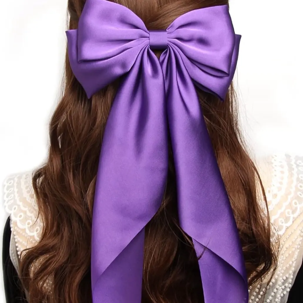 Large Hair Bow with Long Ribbon Tail for Women and Girls - Satin Hair Barrettes - Wedding and Birthday Hair Accessories Elegant Bow tie