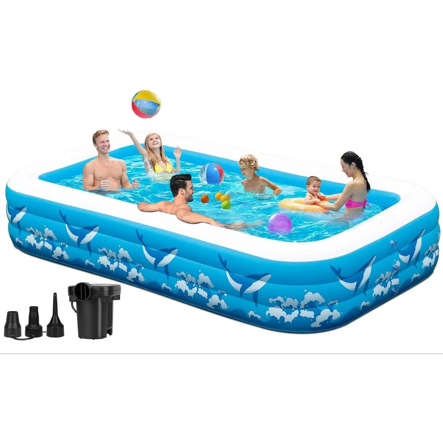 Thick Plastic Rectangular Blow Up Pool - 130"x72"x22" Portable PVC Swimming Pool with Pump, Family Party-Size Home Backyard Summer Supply for Kids+Adults Fit