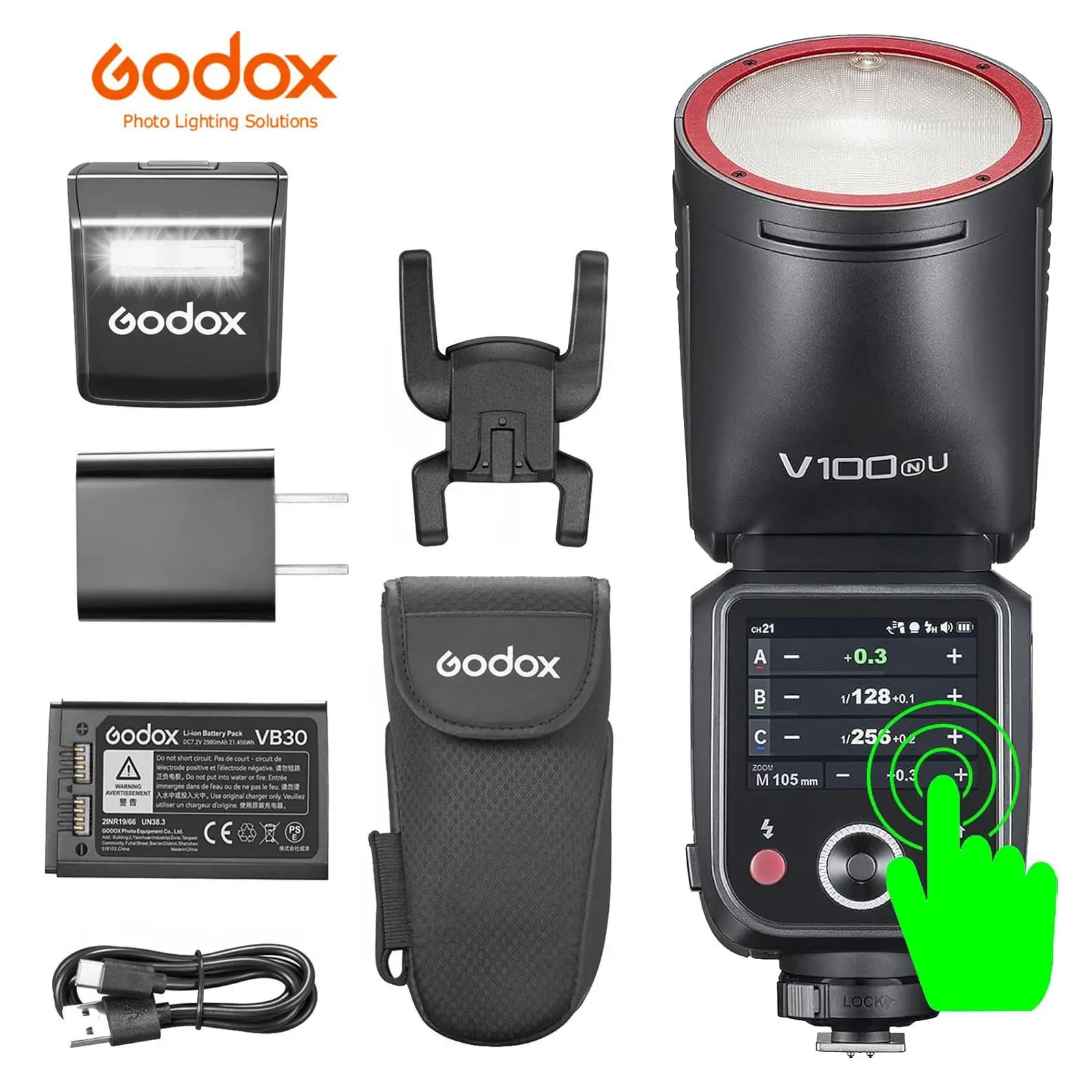 Godox V100-N 100Ws Max Power Round Head Touchscreen LCD Flash for Nikon Cameras (USA Version) - TTL/HSS 1/8000s Speedlite, 2.4G Wireless Accessory, 400 Full Power Flashes, 1.7s Recycle Time, Adjustable 10-Level LED Lights, 7.2V 2980mAh Lithium Battery