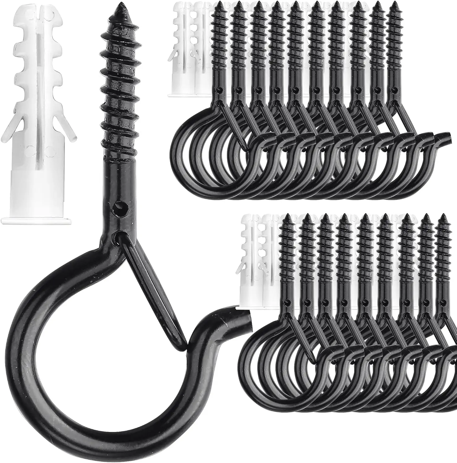 20 Pack Outdoor  Hooks for Hanging Plants String Lights Heavy Duty, Eye Hook  in Cup Hooks Q-Hanger for Patio Lights, Ceiling Wall Wood Fence Deck Mount(Black) Self-Drilling Drywall Anchors and Set