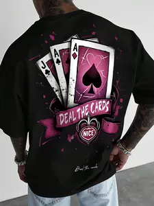 Gothic Dark Style American Street Short Sleeve T-Shirt, Poker Print Graphic Tee, Casual Fitted Top Without Zipper and Collar